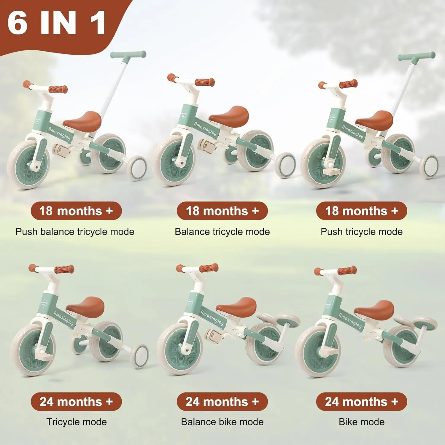 6-in-1 Toddler Tricycle for 1-3 Years, Push Bike to Balance Bike, Adjustable Seat, Gift for Kids view 4