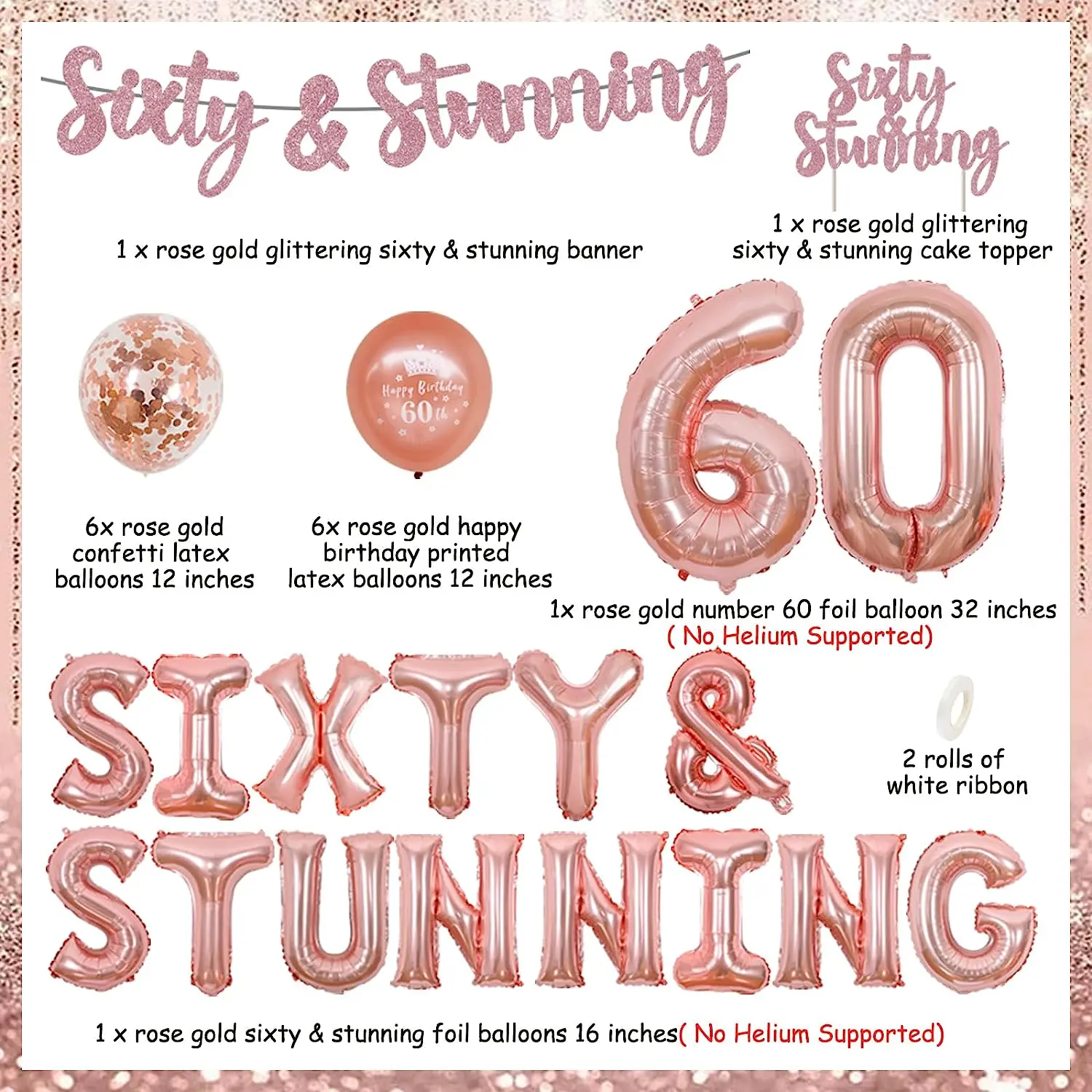 JOYMEMO Rose Gold Happy 60th Birthday Decorations for Women Sixty and Stunning Banner Balloon Cake Topper Number 60 Foil Balloon