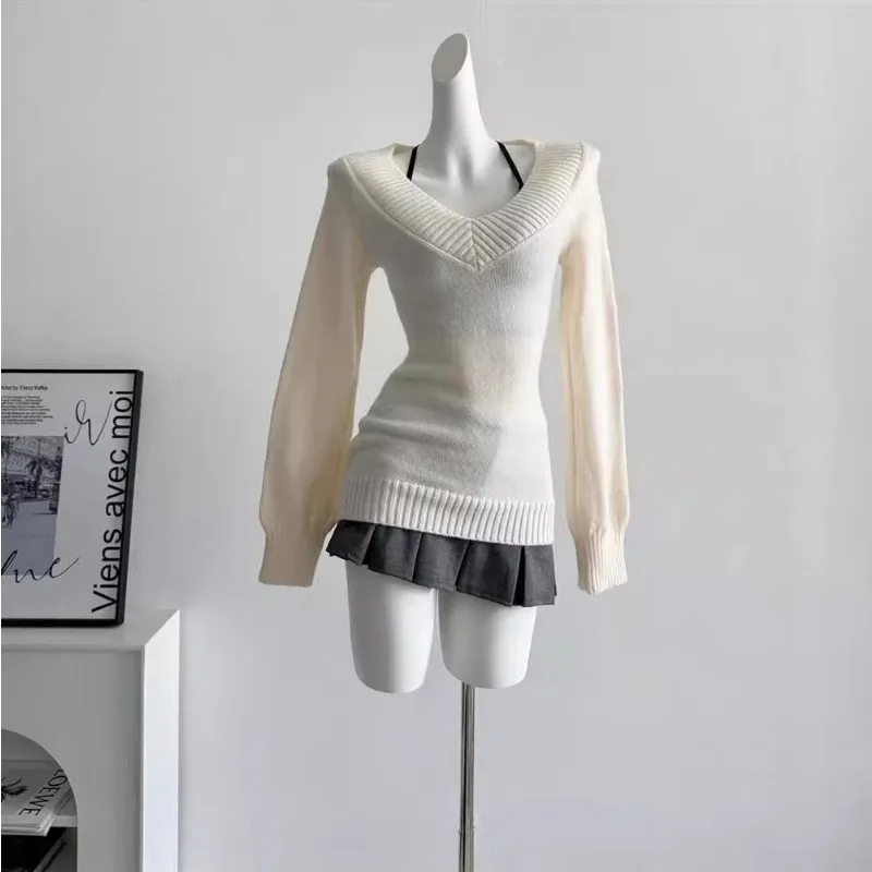 

Осенне-зимний мягкий восковой свитер для женщин, ленивая повседневная универсальная рубашка с v-образным вырезом, топ с длинными рукавами