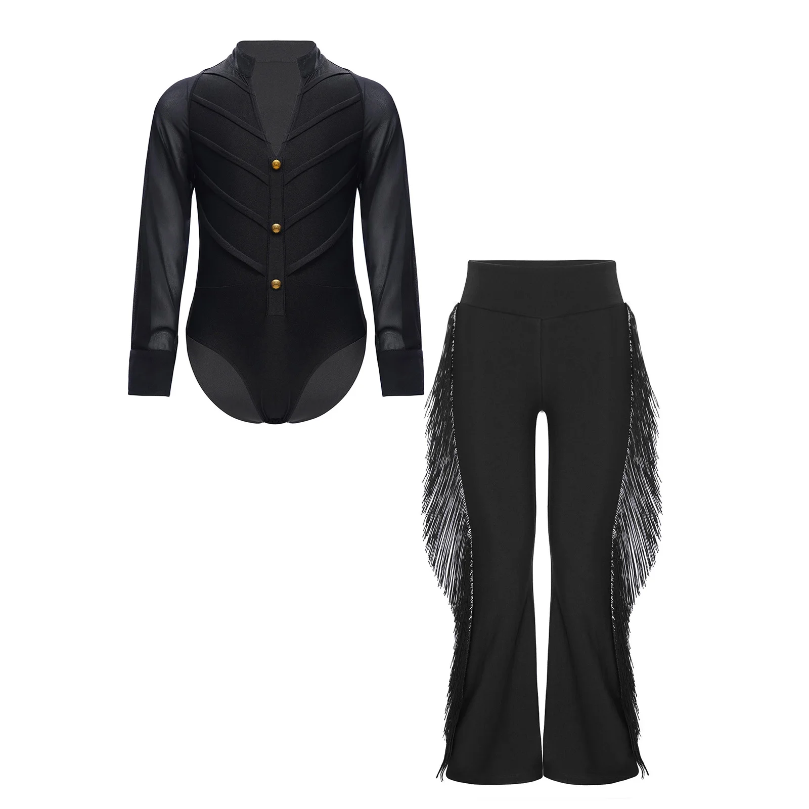 

Kids Boys Ballroom Latin Jazz Dance Costume Sheer Chiffon Long Sleeves Stand Collar Leotard+Tassels Bell-Bottom Pants 2Pcs/Set