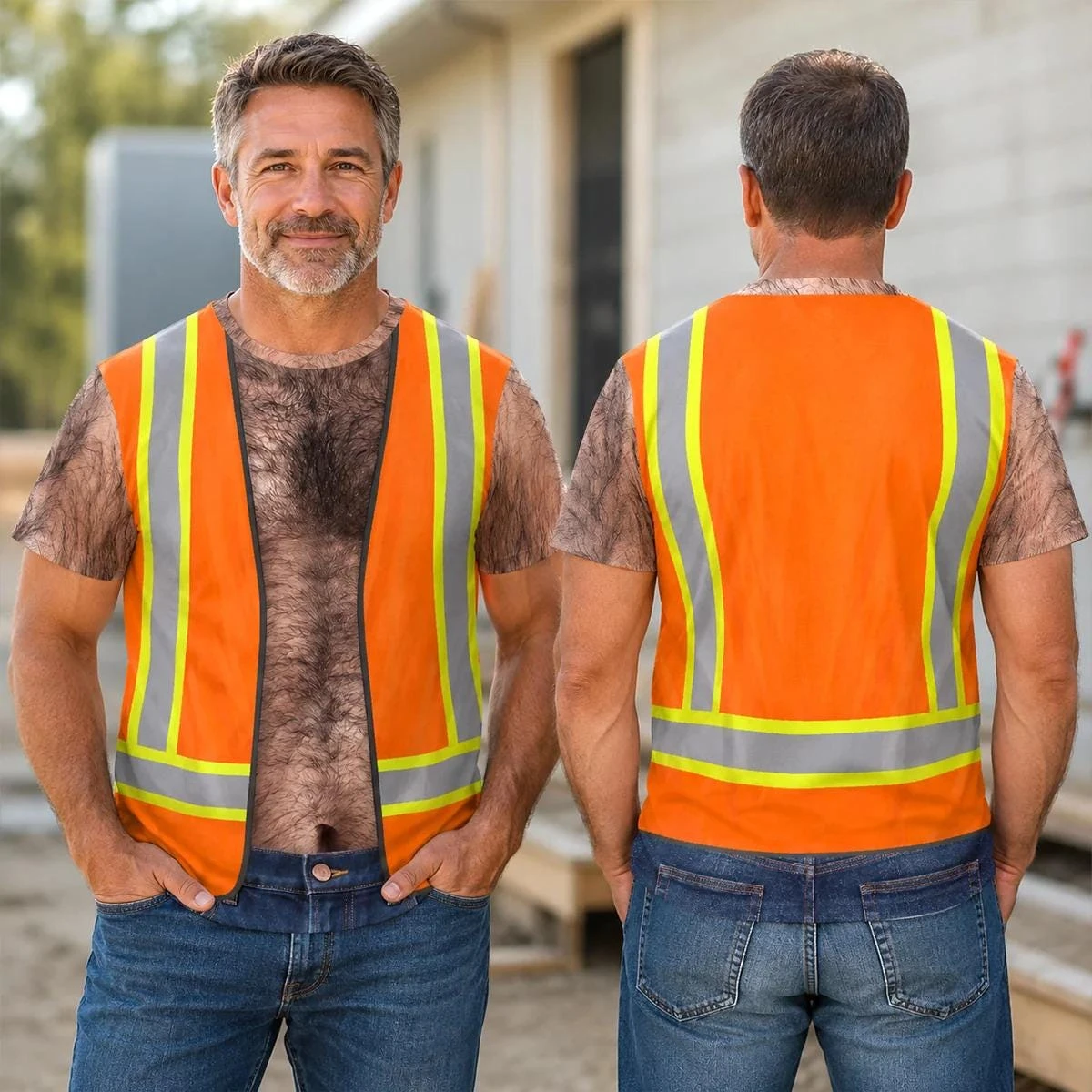 T-shirt unisexe humoristique à manches courtes avec imprimé 3D de gilet de sécurité factice et motif musculaire, pour hommes et femmes, idéal pour les fêtes, les farces et le style urbain
