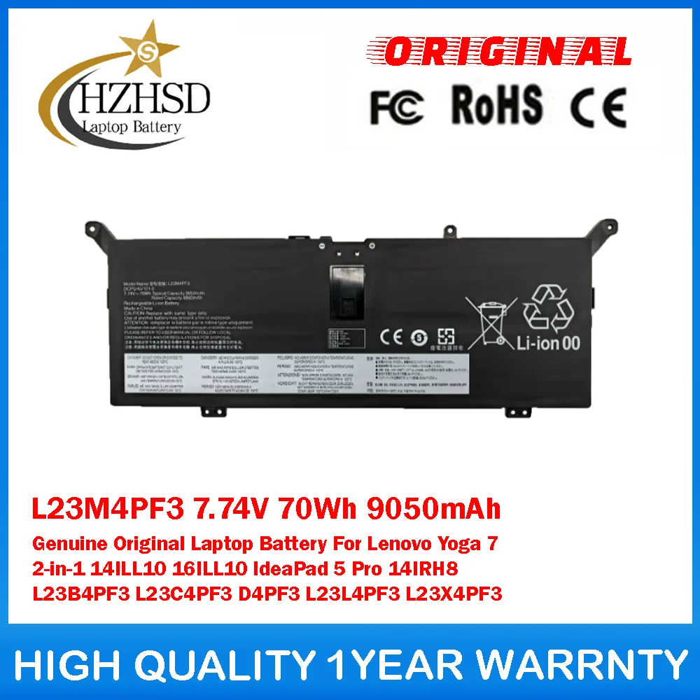 

L23M4PF3 7.74V 70Wh 9050mAh Genuine Original Laptop Battery For Lenovo Yoga7 2-in-1 14ILL10 16ILL10 IdeaPad5 Pro 14IRH8 L23B4PF3