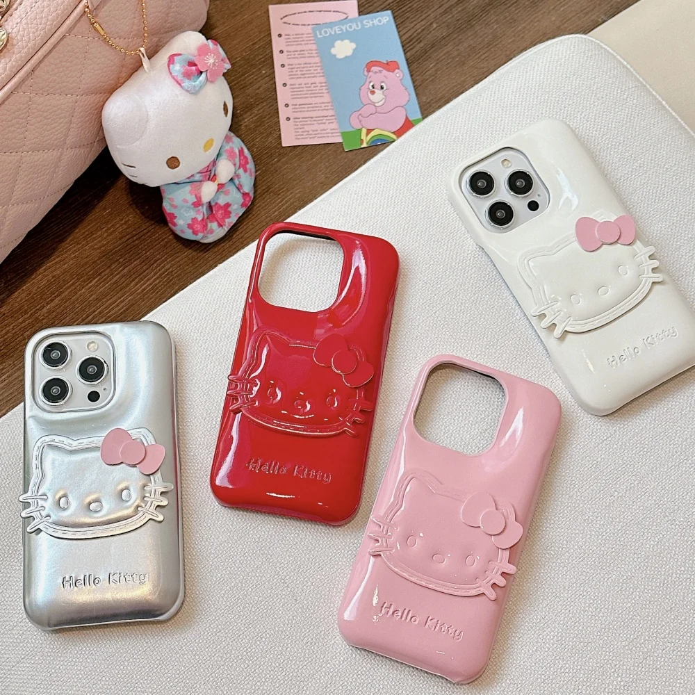 Luxury hello kitty cat leather Soft Case protection for iPhone 16 15 13 12 14 Pro Max X cute girl puffer Coque