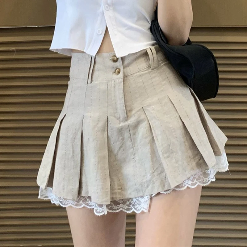 Summer Korean Fashion Khaki Short Skirt Lace Trim Girl Cute Pleated Skirts Womens Preppy Style Button Up High Waist Mini Skirts