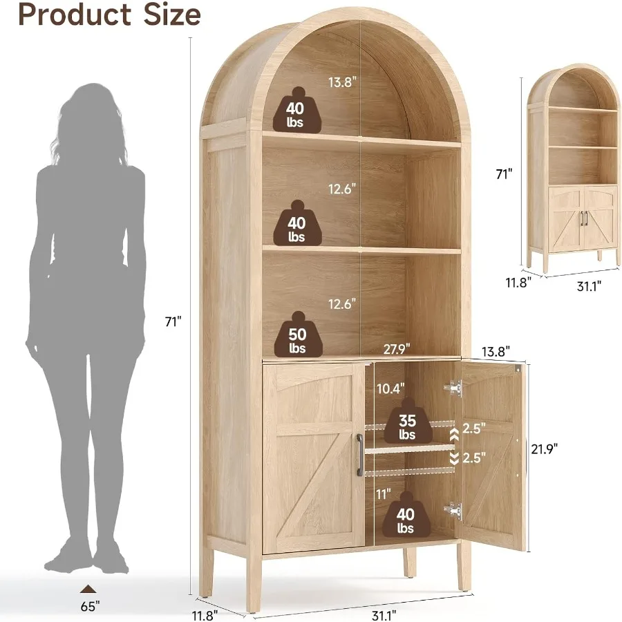 71 Arched Display Bookshelf for Living Room, Engineered Wood, White, Space-Saving Curved Design with Adjustable Shelves and Cab