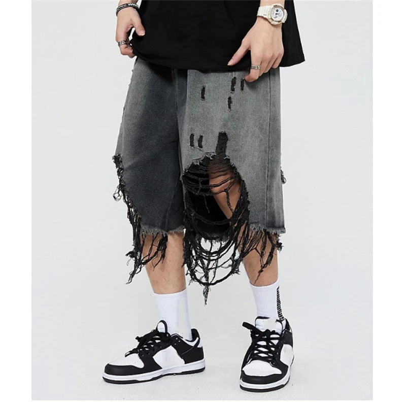 Hip Hop Men\'s Shorts 2022 Summer High Street Man Denim Short Knee Length Pants