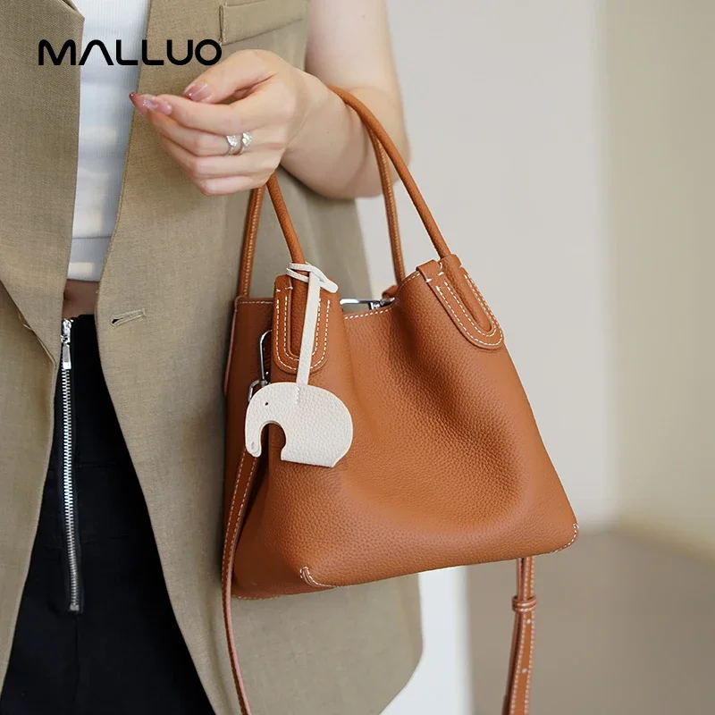 Women Cowhide Leather Genuine Basket Bag Commuter Fashion Versatile Shoulder Bucket Bags Crossbody Handbag Messenger for Ladies