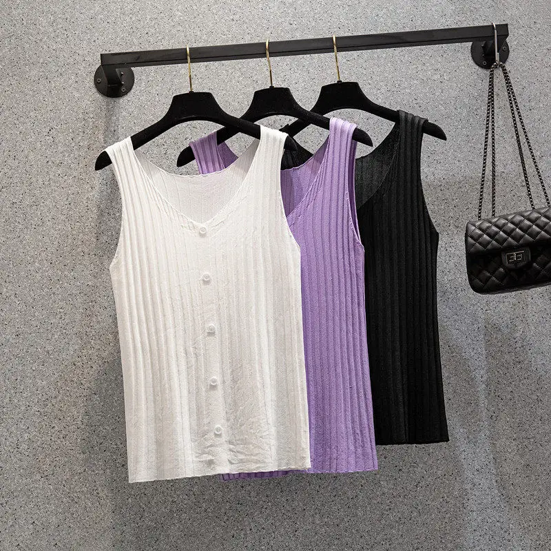 

Casual Wild Solid Color Women's Summer Camisole Bottoming Knitted Ice Silk Sleeveless Top V-Neck Vest Knitwear H437