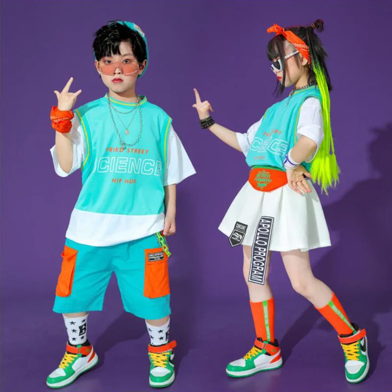 Tragen Kostüme zeigen Cheerleader Outfits Kinder coole Ballsaal Hip Hop Tanz Outfits T-Shirt Shorts Rock für Mädchen Jungen Jazz Tanz