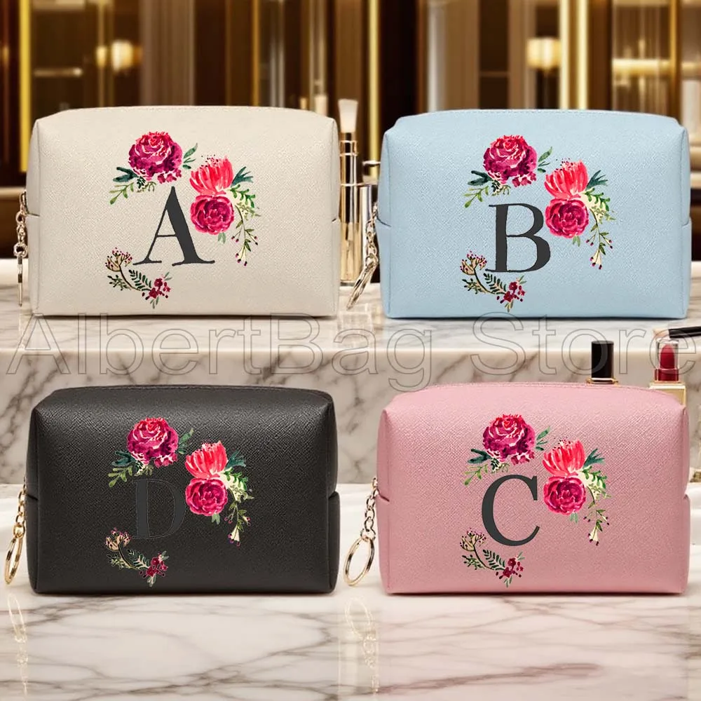 

Floral Monogram Watercolor Rose Flowers Initial Letter Gifts PU Leather Cosmetic Bag Women Makeup Case Waterproof Storage Bags