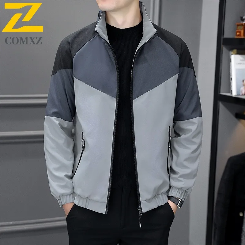 

COMXZ 2025 Мужская куртка, модная лоскутная повседневная куртка с воротником-стойкой, универсальное пальто, Новое весеннее поступление, модный уличный стиль