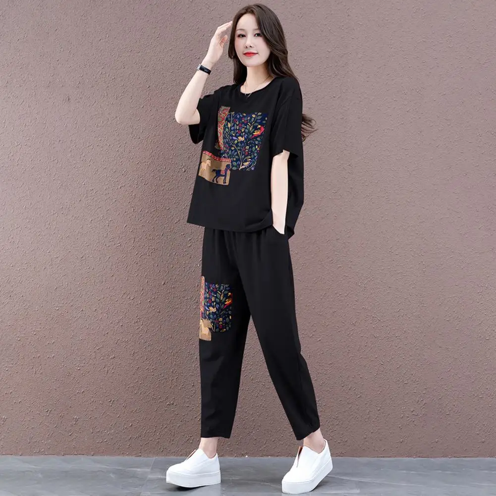 2Pcs/Set Sport Outfit Popular Stretchy Loose Outfit Mid-aged Mother Casual Printing Loose Tracksuit Daily Garment