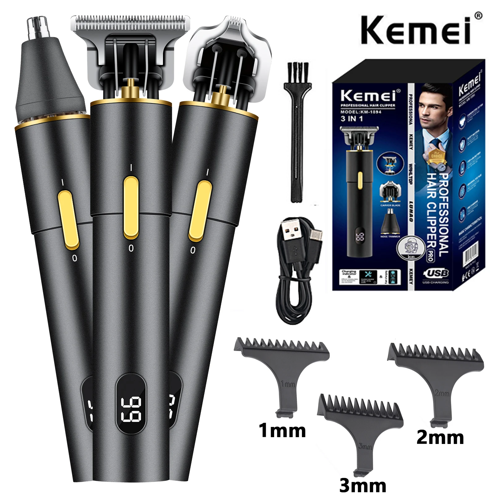 

Kemei KM-1894 3 in 1 Hair cutting machine LCD Nose Hair Trimmer for Men's shaver rechargeable Electric Razor Barber Hair Clipper