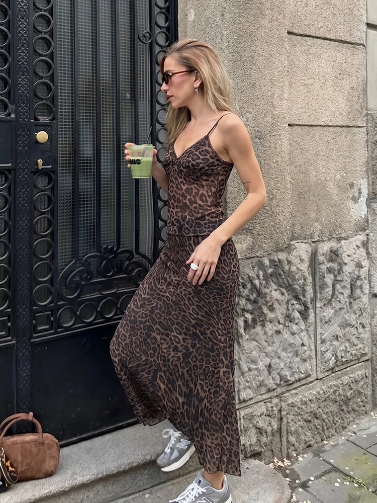 HH Vintage Y2K Leopard Print 2 Piece Outfits For Women Sheer Mesh Camisole Top and Flowy Long Skirt Summer Beach Vacation Date