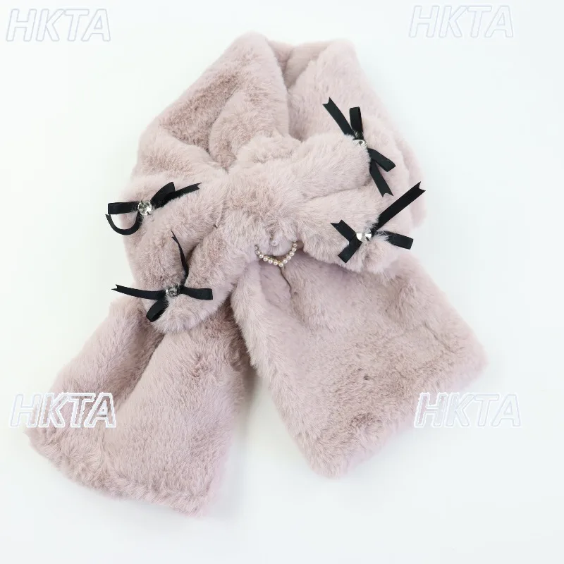 

Sweet Bowknot Fluffy Scarf Women Winter New Warm Faux Rabbit Fur Cute Cross Neck Scarves Student Lolita Girls Black Fur Scarf