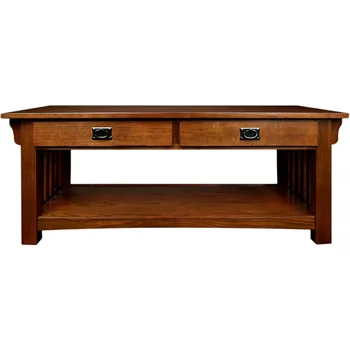 Image Mission Impeccable Coffee Table for Living Room, Two Drawers and Shelf, Made with Solid Wood, Medium Oak Finish