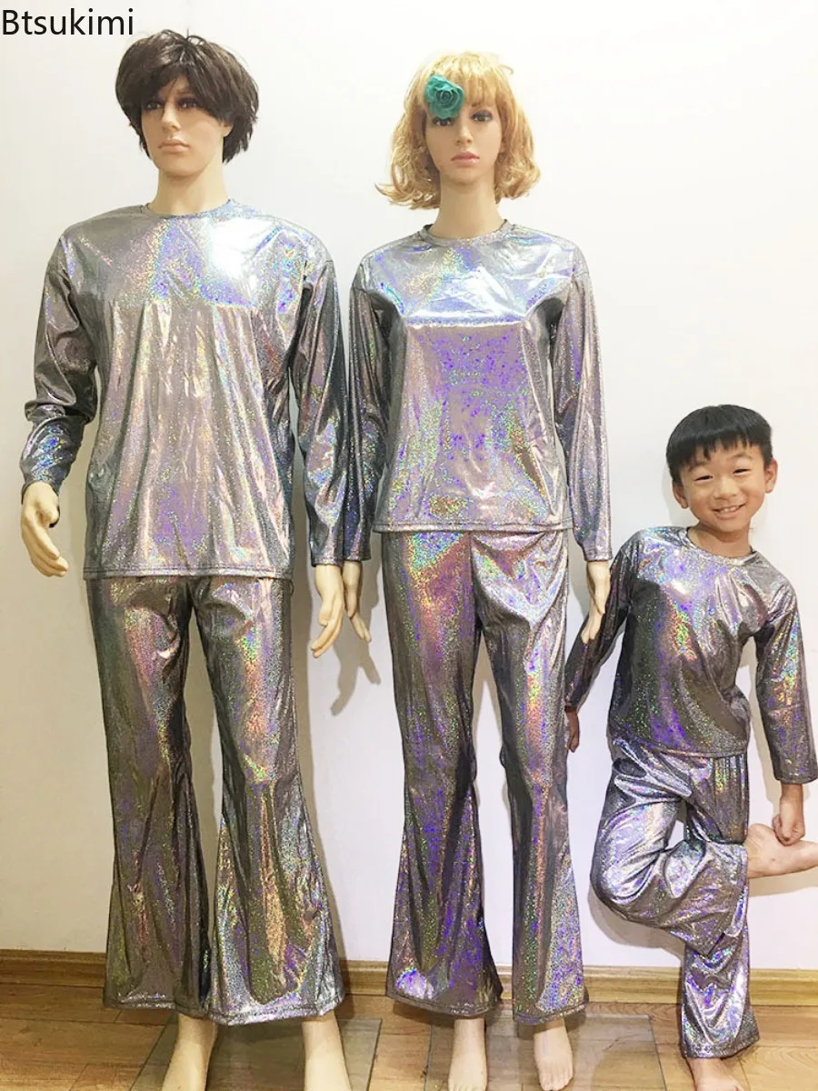 Boys Girls Clothing Hip Hop Jazz Dance Costumes for Kids Halloween Metallic Shiny T-shirt Sparkly Dance Tops Street Long Sleeve