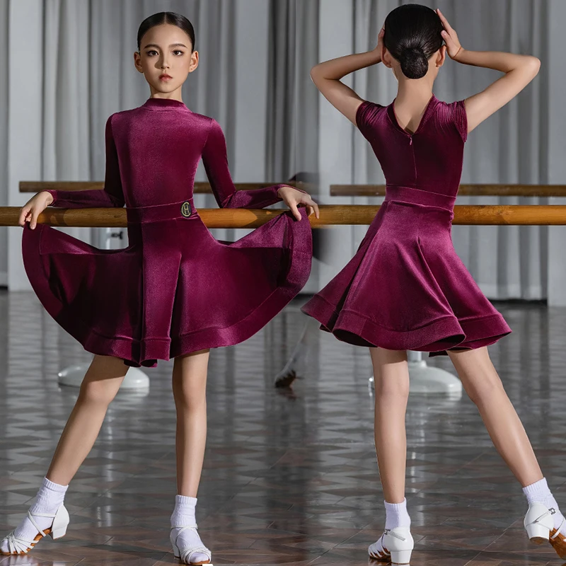 2025 Girls Purple Fishbone Dress Winter Latin Dance Performance Costumes Split Suit Chacha Dress Latin Competition Wear DN21632
