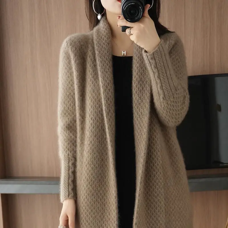 New Women Elegant Knit Cardigan Long Sleeve Mid-length Coats Oversized Korean Loose Tops Jacket Autumn Winter Thick Sweater