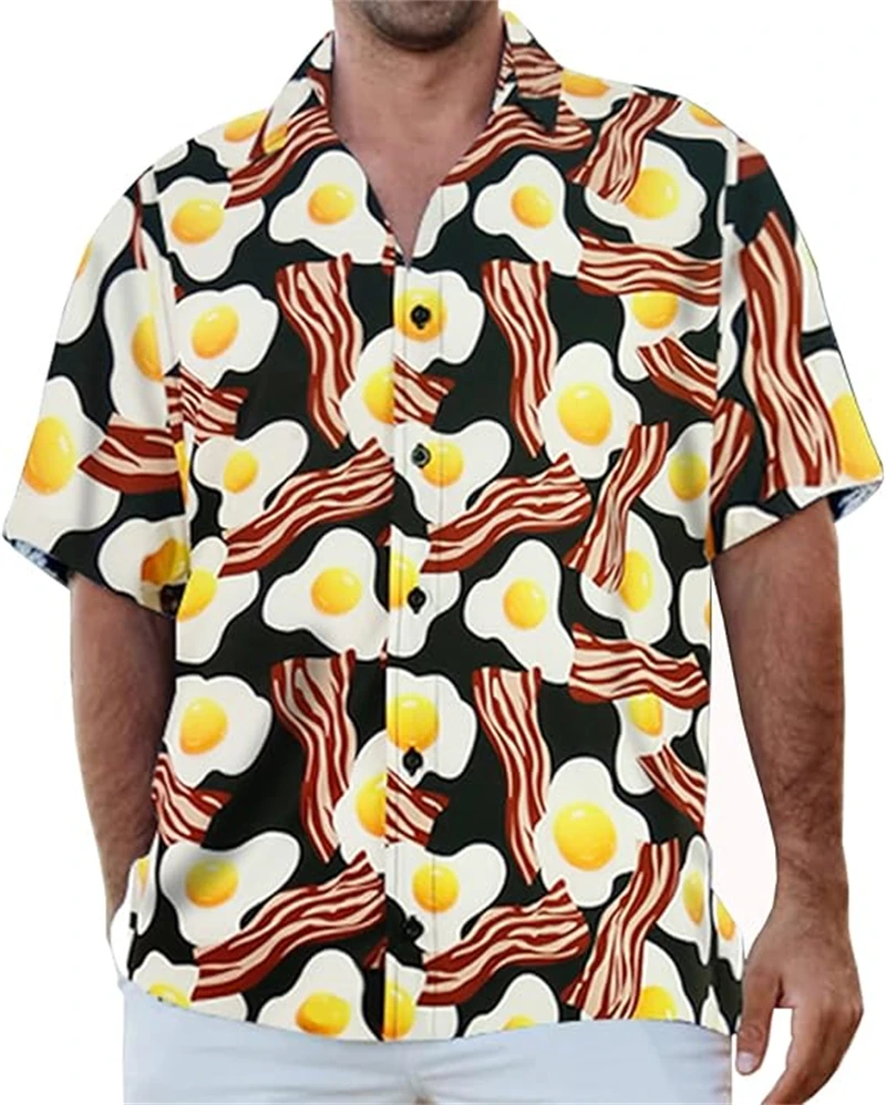 Camisa havaiana com estampa em 3D masculina, delicioso hambúrguer, hambúrguer, padrão alimentar, lapela, botão, rua, solto, tops de manga curta