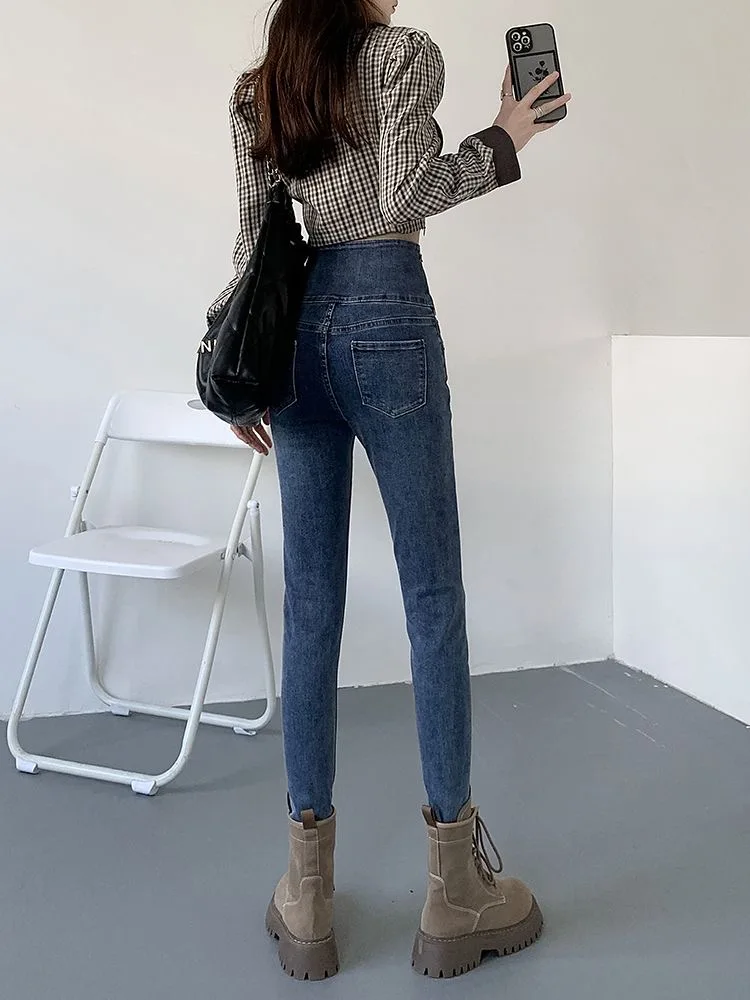 Jean crayon skinny taille super haute pour femme, pantalon en denim coréen, streetwear doublé de velours en peluche, longueur de rinçage, automne et hiver, nouveau Vaqueros