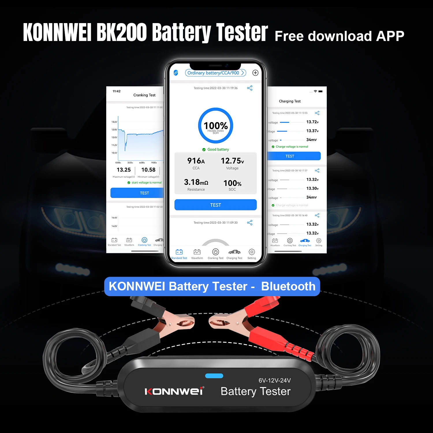 KONNWEI BK200 6V 12V 24V Bluetooth 5.0 Samochód Motocykl Ciężarówka Tester akumulatora Analizator 2000CCA Narzędzie do testowania rozruchu ładowania