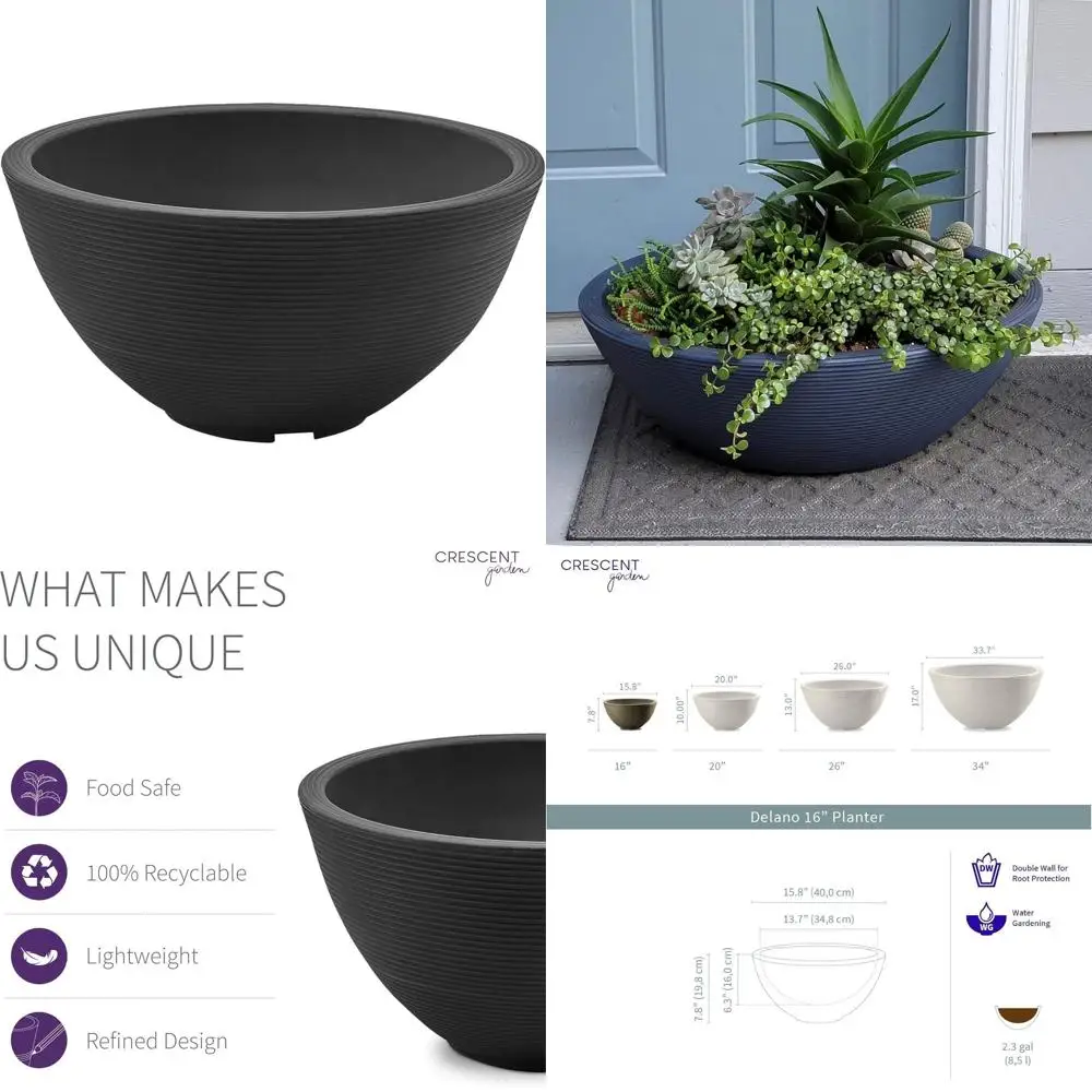 

Круглый неглубокий цветочный горшок для улицы и дома с дренажем, двойными стенками, дизайном в виде лотоса, 16 дюймов в диаметре, черный