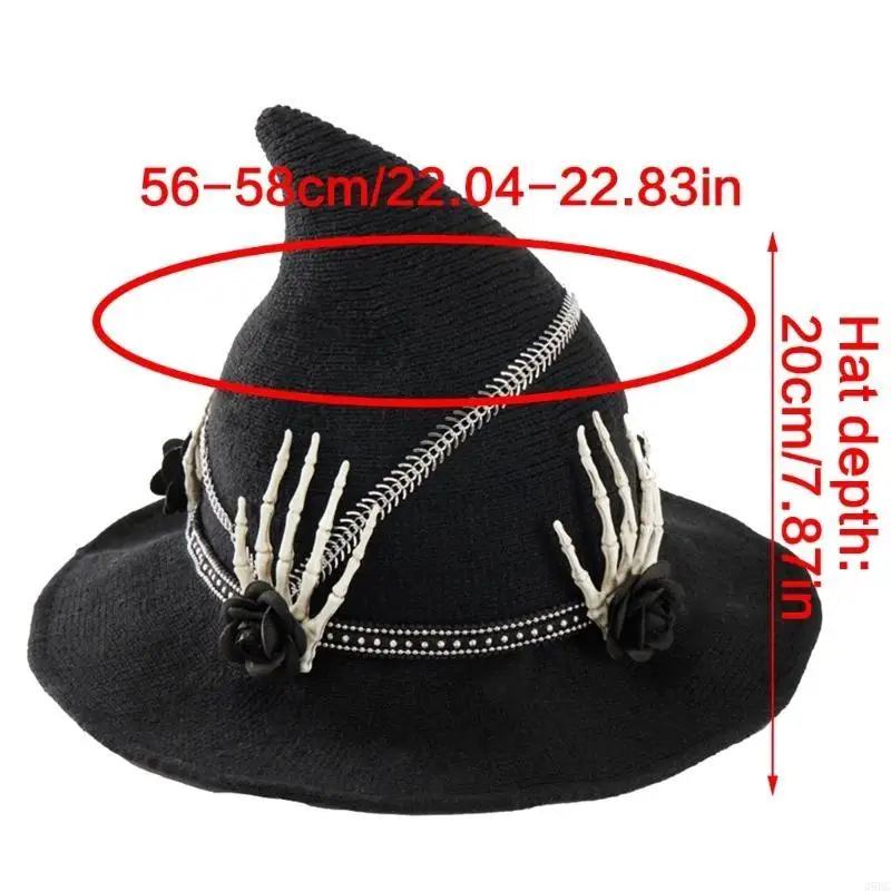 قبعة الساحرات للهالوين 39BC مع هيكل عظمي لحفلات اليد قبعة ساحرة للجنسين قبعة ساحرة مدببة للبالغين والأطفال زي تنكري خوذة #6