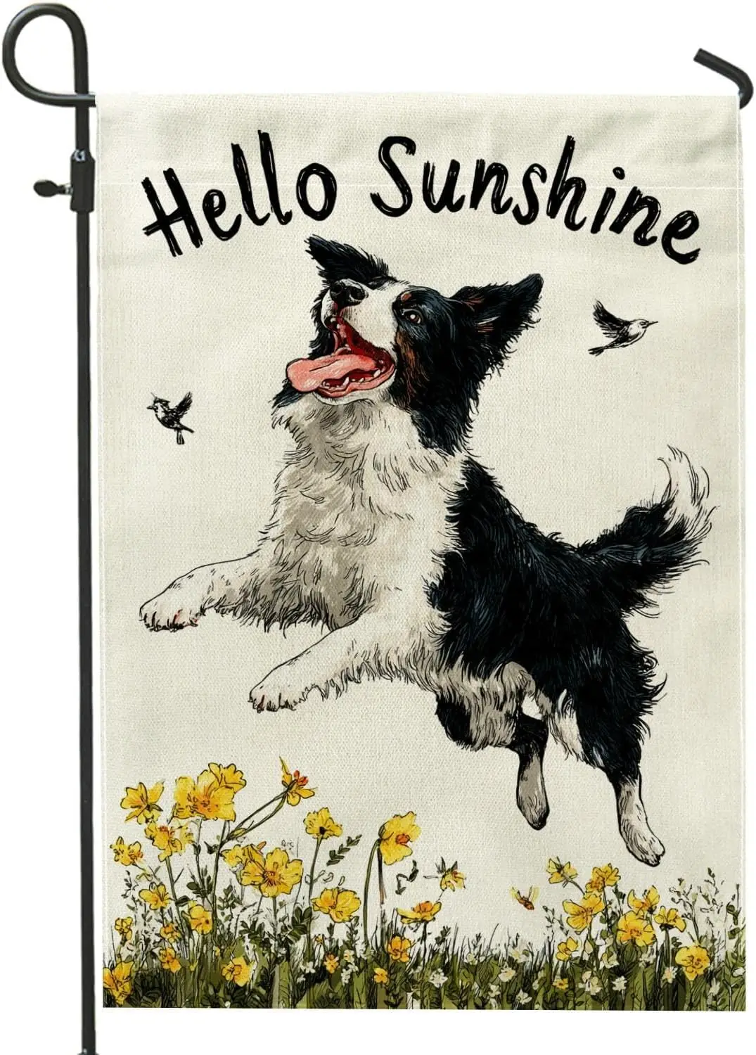 Hello Sunshine Dog Garden Flag, Black White Border Collie Flower Decor, Spring Summer Outdoor Lawn Banner, Animal Theme Yard yyi
