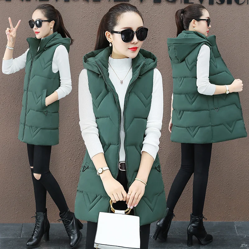 

2022 New Fashion Autumn Winter Down Cotton Vest Women Korean Mid-length Slim All-Match Sleeveless Parkas Waistcoat Vests Woman