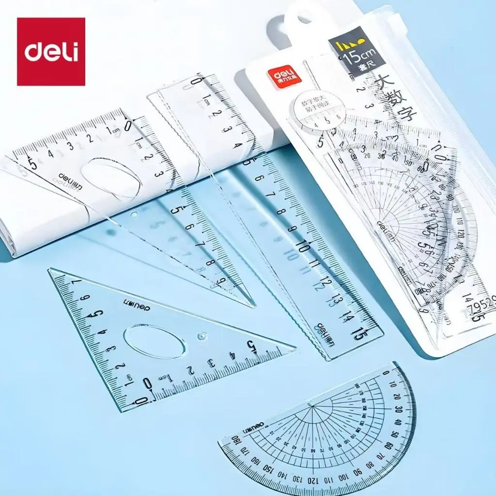 DELI Conjunto de Geometria Transparente 4 PCS Ferramentas de Desenho de Matemática com Régua Transferidor Triângulo Fácil Leitura Medição para Estudantes Escolares