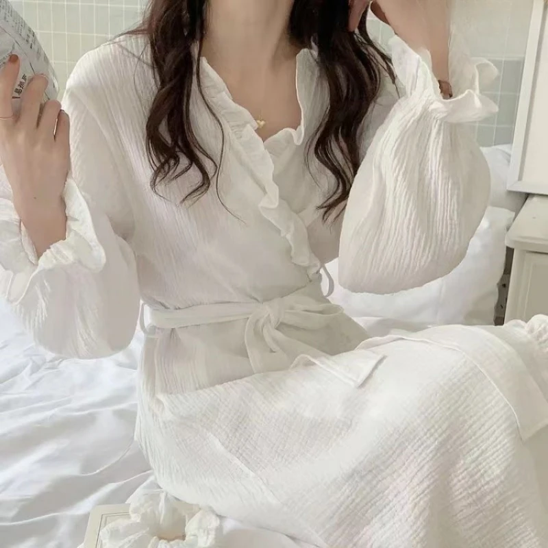 Robes Women V-neck Ruffles 4 Colors Fashion Sexy Sleepwear Simple Sleepwear Midi Nightdress Bathrobe Comfortable Homewear Ins