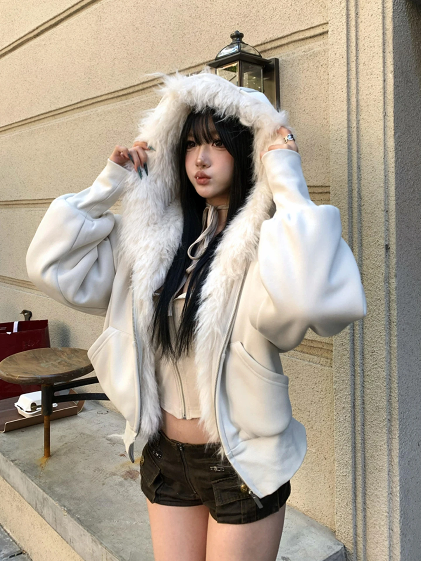 White Fur Collar Zipper Cardigan Hoodie Women's Warmth American Street Winter High-End Fleece Lined Thickened Outerwear
