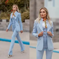 Women Formal Suits Sky Blue Peaked Lapel Ladies Slim Fit Party Prom Jacket Coat Tailored Guest Wear 3 Pieces