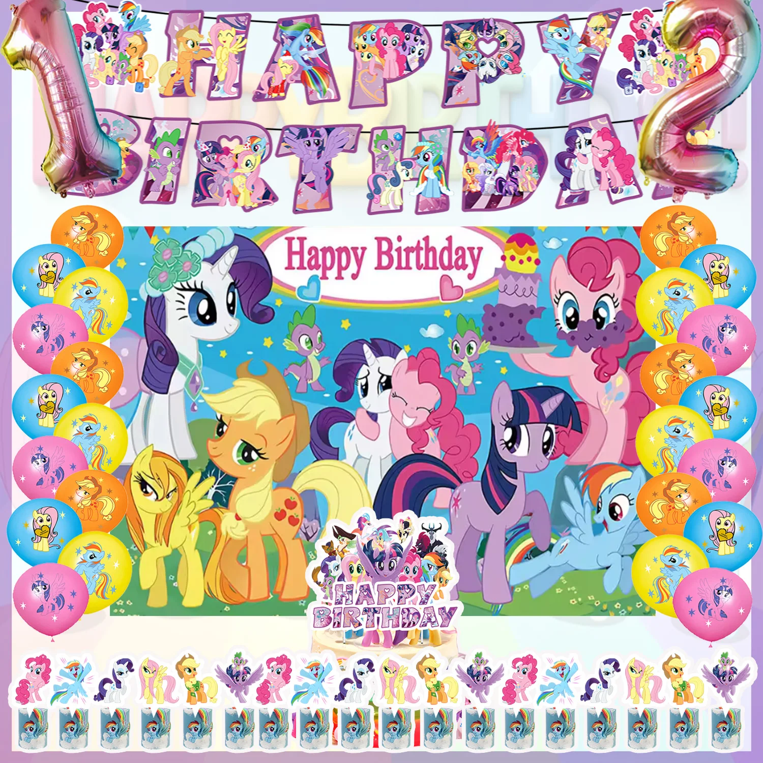 Decoraciones para Fiesta de Cumpleaños con Temática de Dibujos Animados y My Little Pony, Banner de Unicornio, Globos, Adornos para Cupcakes, Fondo, Artículos para Fiestas Infantiles