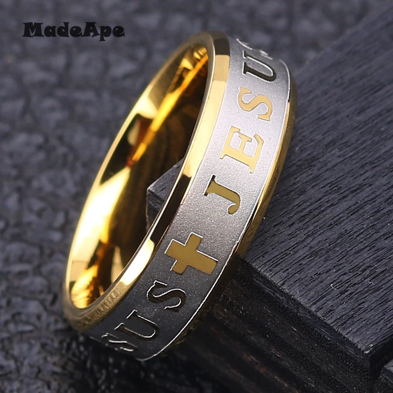 MadApe Classic Jesus Ring Stainless Steel Cross Ring Gold Color Women Wedding Rings For Womne Men Prayer Ring