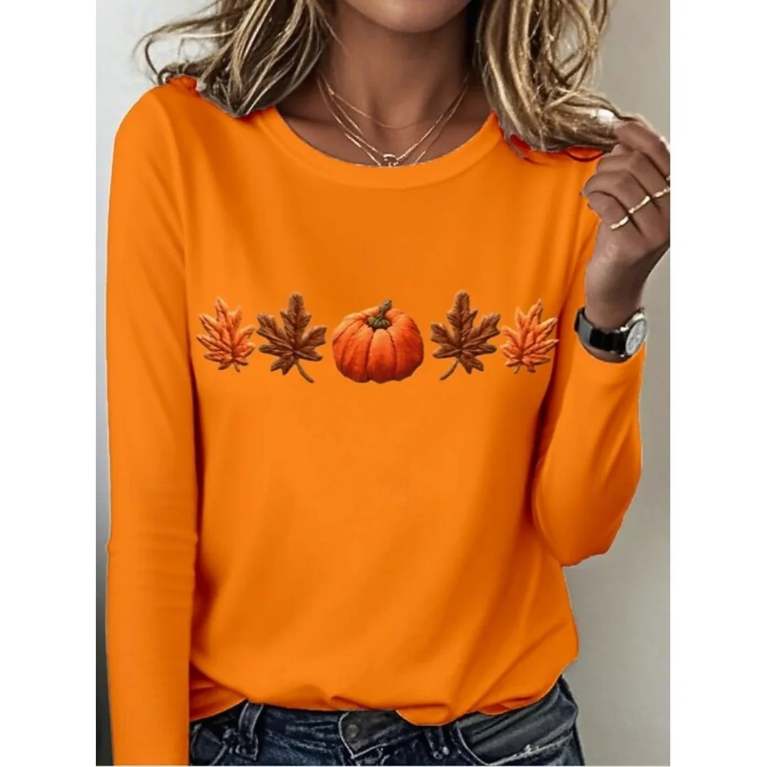 

Fashion Women Autumn Leaves Print Pullover Fall Season Crew Neck Long Sleeve Women Casual Wear Outdoor Activities Top Clothing