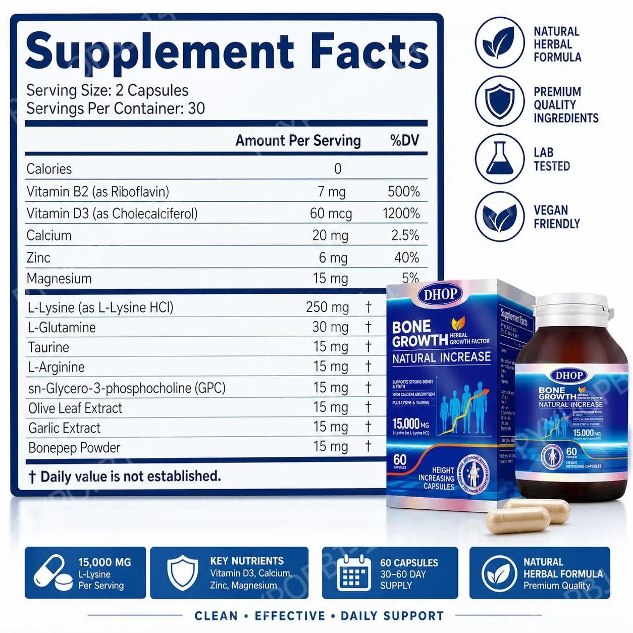 DHOP Bone Growth Natural Increase Capsules with L-Lysine, Vitamin D3, Calcium & Zinc; Supports Strong Bones & Teeth, 60 Capsules