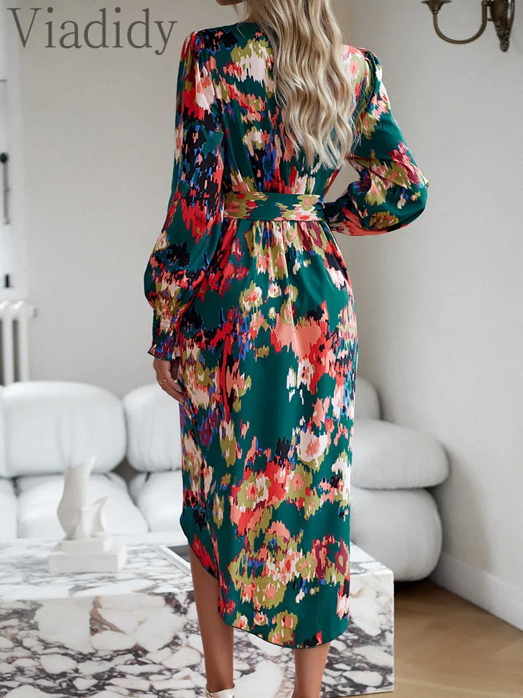 Women Sexy Print V-Neck Tied Waist Long Sleeve Skinny Wrap Dress