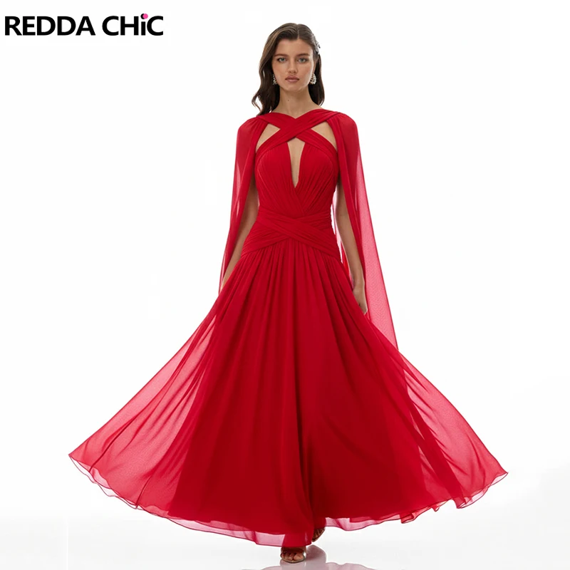 

Женское длинное вечернее платье-накидка REDDACHiC, красное, с перекрестным вырезом халтер, V-образным вырезом, рукавами-кейп, цельное, элегантное, сексуальное