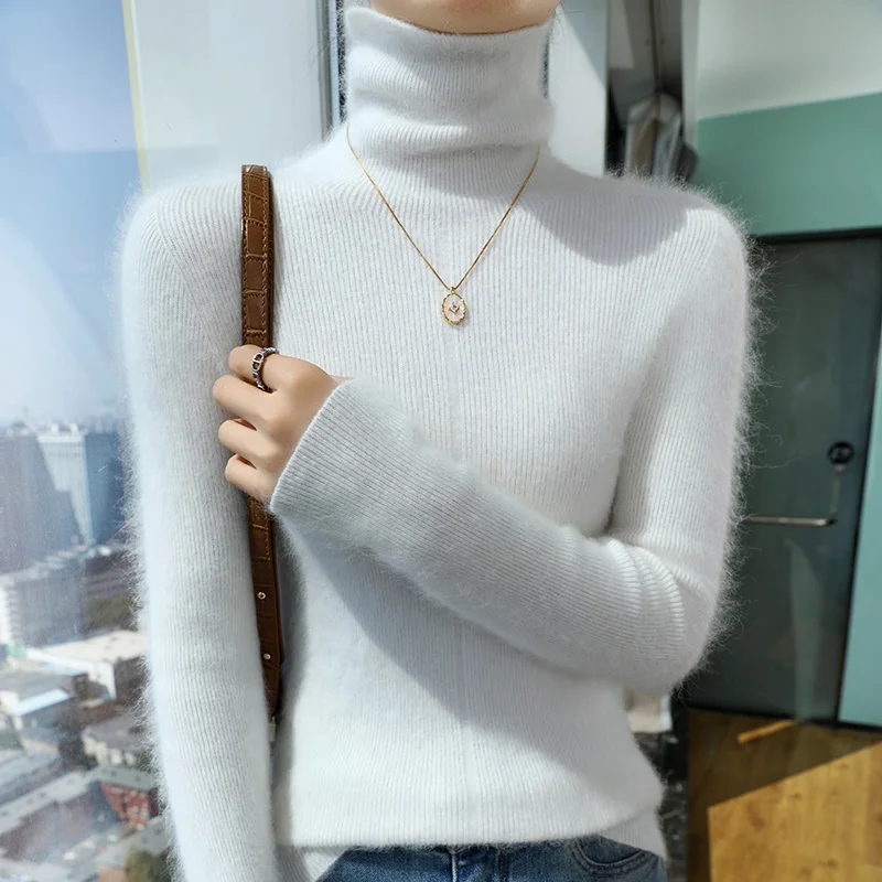 

100, норковый кашемировый свитер, женский вязаный пуловер с высоким воротником, облегающий модный теплый однотонный топ с длинными рукавами на шнурке