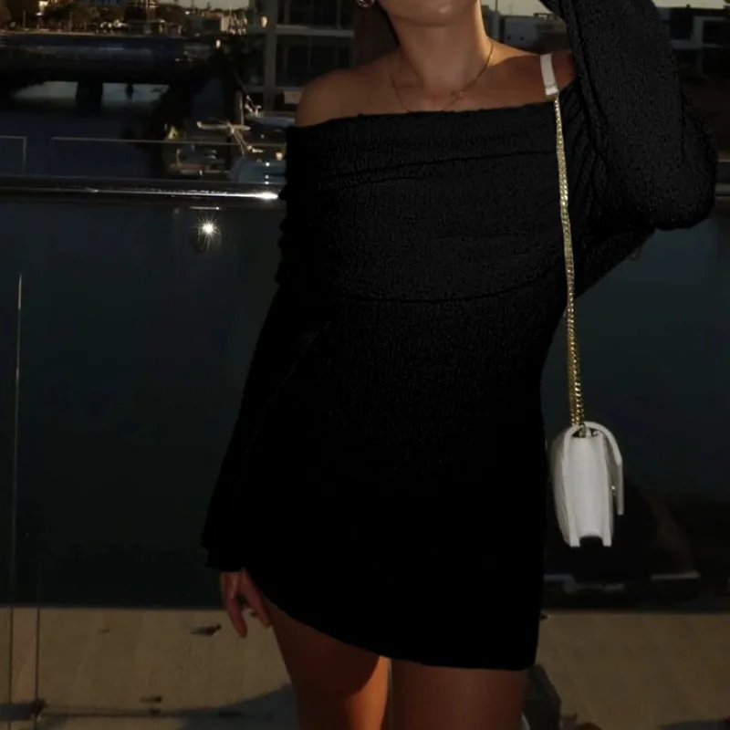خريف جديد مائل الرقبة محبوك فستان المرأة رقيقة طويلة الأكمام أنيقة عطلة الشاطئ الإناث حفلة منتصف الليل كلوبوير Bodycon صغير