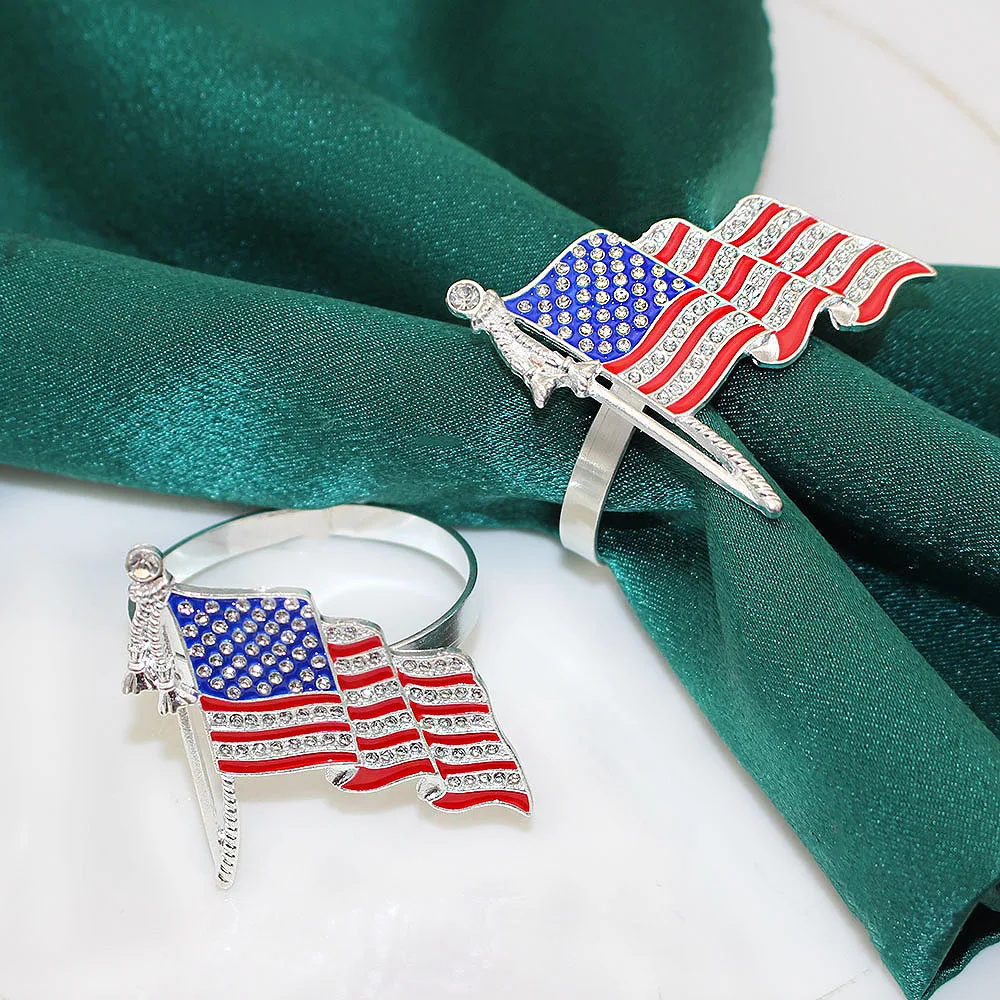 6Pcs 4th of July Napkin Rings Silver Enamel Independence Day America Flag Napkin Holder Rings Patriotic Party Dinner Table Decor