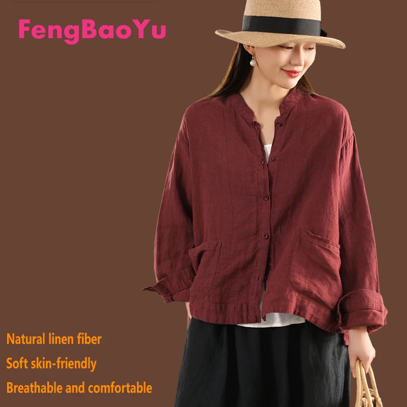 

100% Linen Women's Shirt, Wine Red Stand-up Collar Long-sleeved Top, Elegant and Stylish Women's Wear, Comfortable Breathable