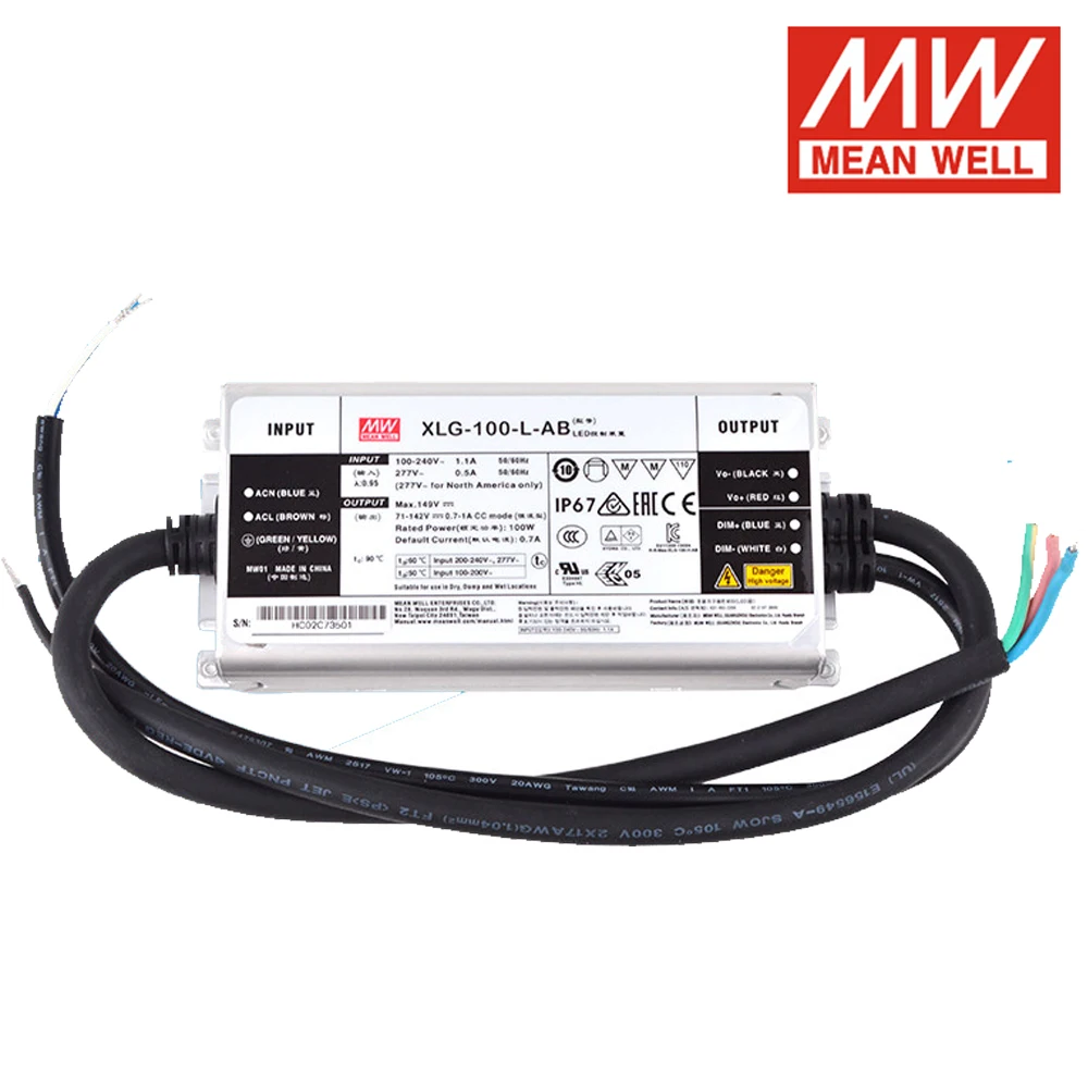 Mean Well XLG‑100‑L‑AB 71-142V 100W Constant Power LED Driver IP67 3‑In‑1 Dimming Outdoor Lighting Power Supply Unit