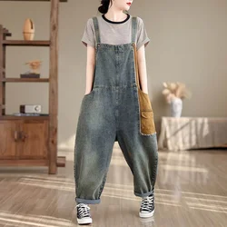 Macacão jeans feminino manga longa retalhos tamanho grande casual uma peça outfit feminino playsuit calças vintage macacão para mulher