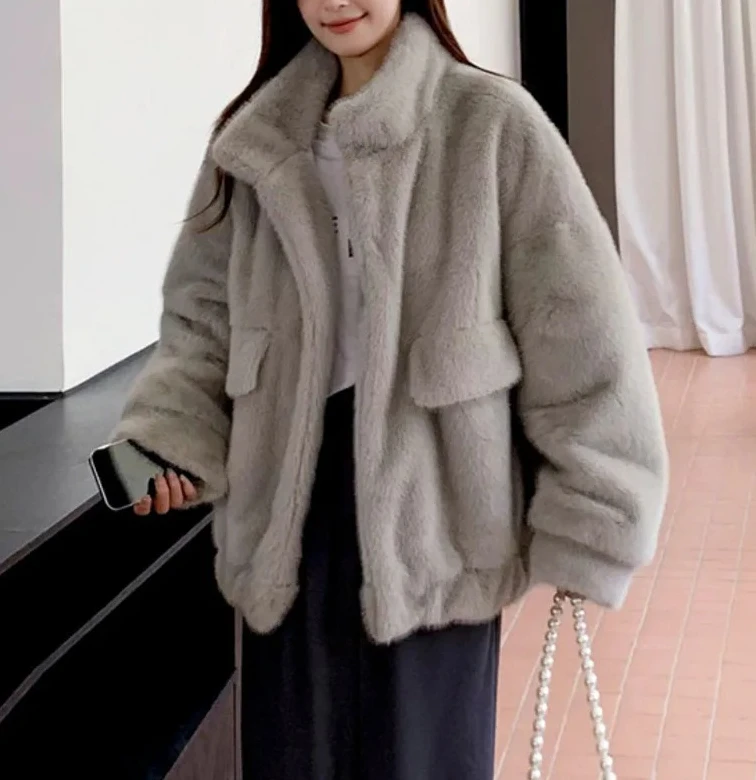 2025年新作冬物ファー付きゆったりプラッシュジャケット レディース スタンドカラー 長袖ポケット付きトップス