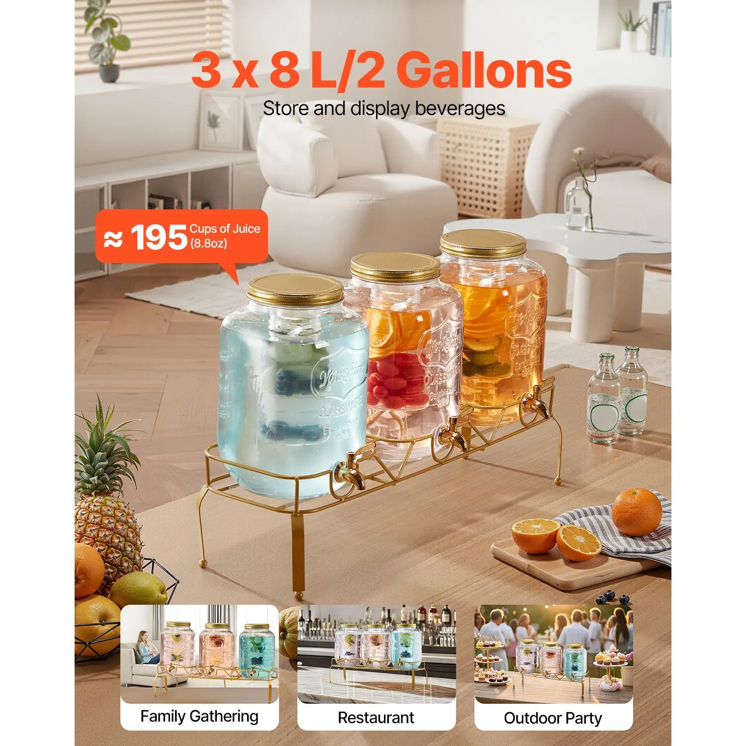 Beverage Dispenser, 3 Pack 2 Gallon Drink for Parties, Glass Juice with Metal Stand, Stainless Steel Spigot, Infuser, Iced Tea