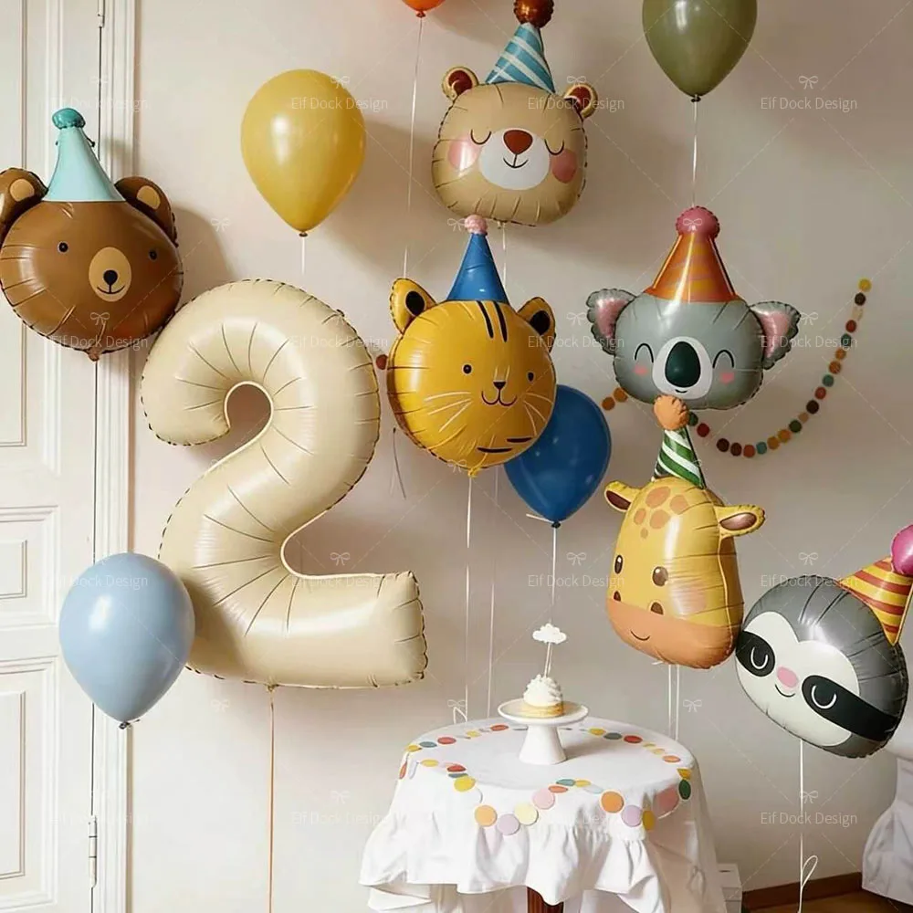 1Set Circus Animals Theme Balloon Birthday Hat Bear Koala Cat Deer Foil Balloons Cream Number Birthday Party Atmosphere Decorati