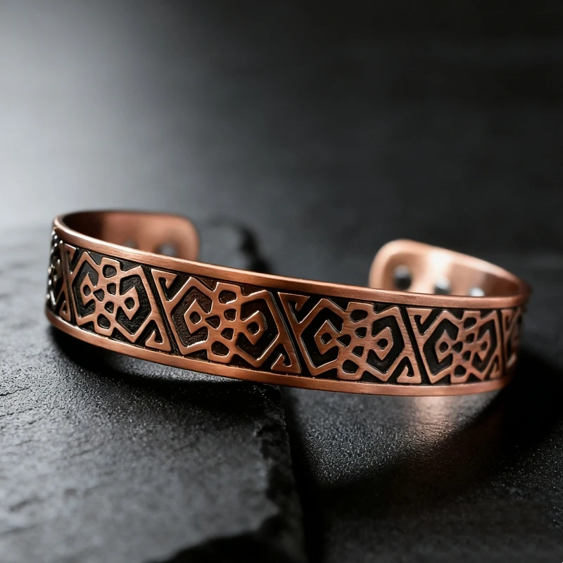 Vintage Geometric Carving Pure Copper Magnetic Therapy Bracelet for Men Adjustable Bangle Health Energy Healing Jewelry Gift